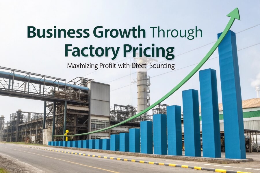 A growing bar graph with factories in the background
