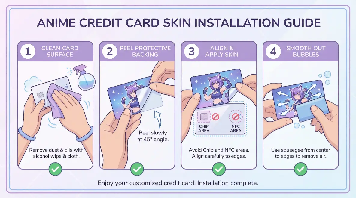 Processus en quatre étapes pour l'installation sans bulles du skin de carte animé Guide visuel étape par étape pour l'application d'autocollant de carte de crédit animé