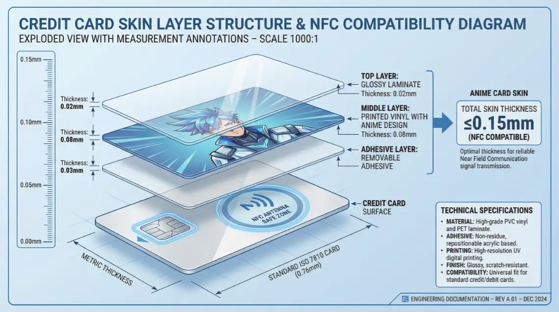 Structure en couches du skin de carte de crédit animé avec mesures Diagramme de coupe transversale montrant l'épaisseur de la couche d'autocollant animé sur carte de crédit