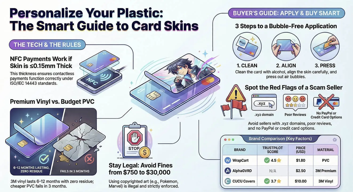Guide Intelligent des Skins de Carte - Guide visuel complet pour la personnalisation des skins de carte animés Infographie Guide Intelligent des Skins de Carte - styles de skins de carte de crédit animés, étapes d'application et guide de compatibilité NFC