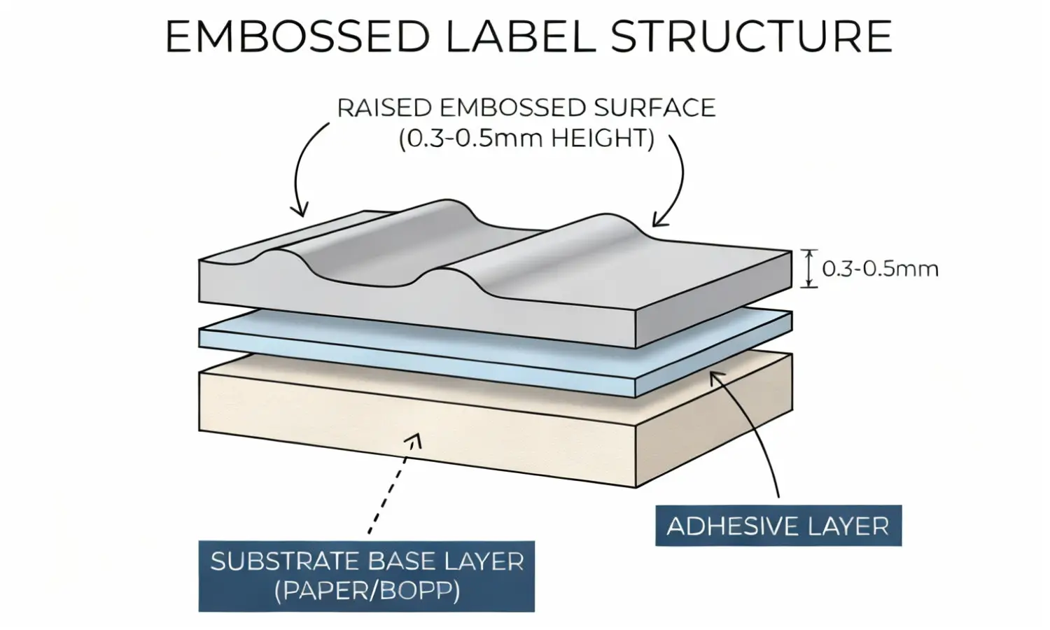 Structure d'étiquette gaufrée personnalisée pour la marque de produits de luxe Coupe transversale d'étiquette gaufrée montrant la texture de surface en relief sur un emballage premium
