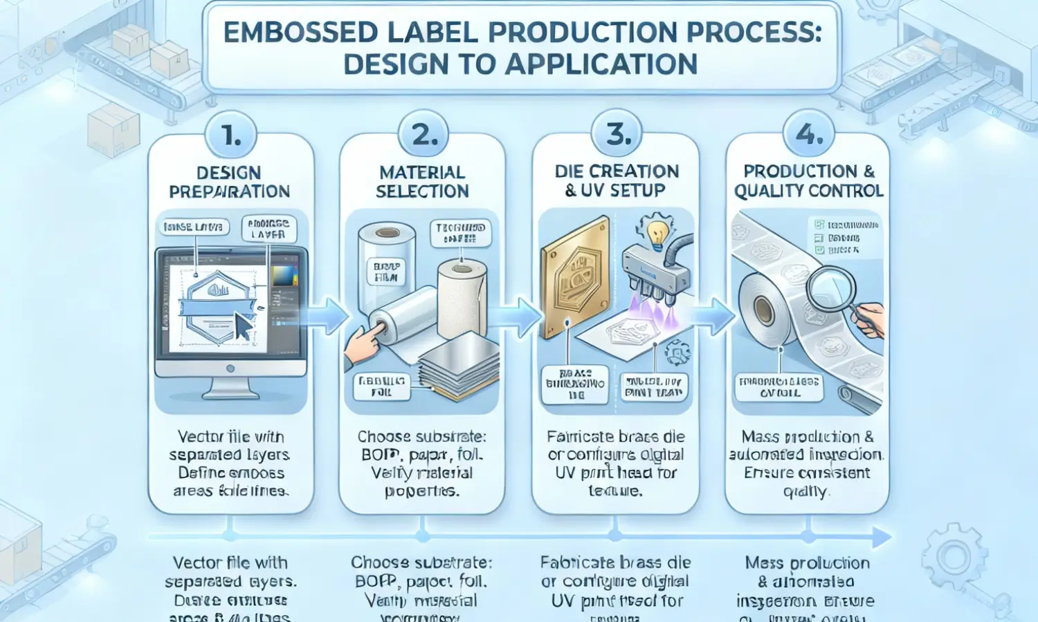 Processus complet de fabrication d'étiquettes gaufrées Flux de production d'étiquettes gaufrées étape par étape, de la conception à l'application