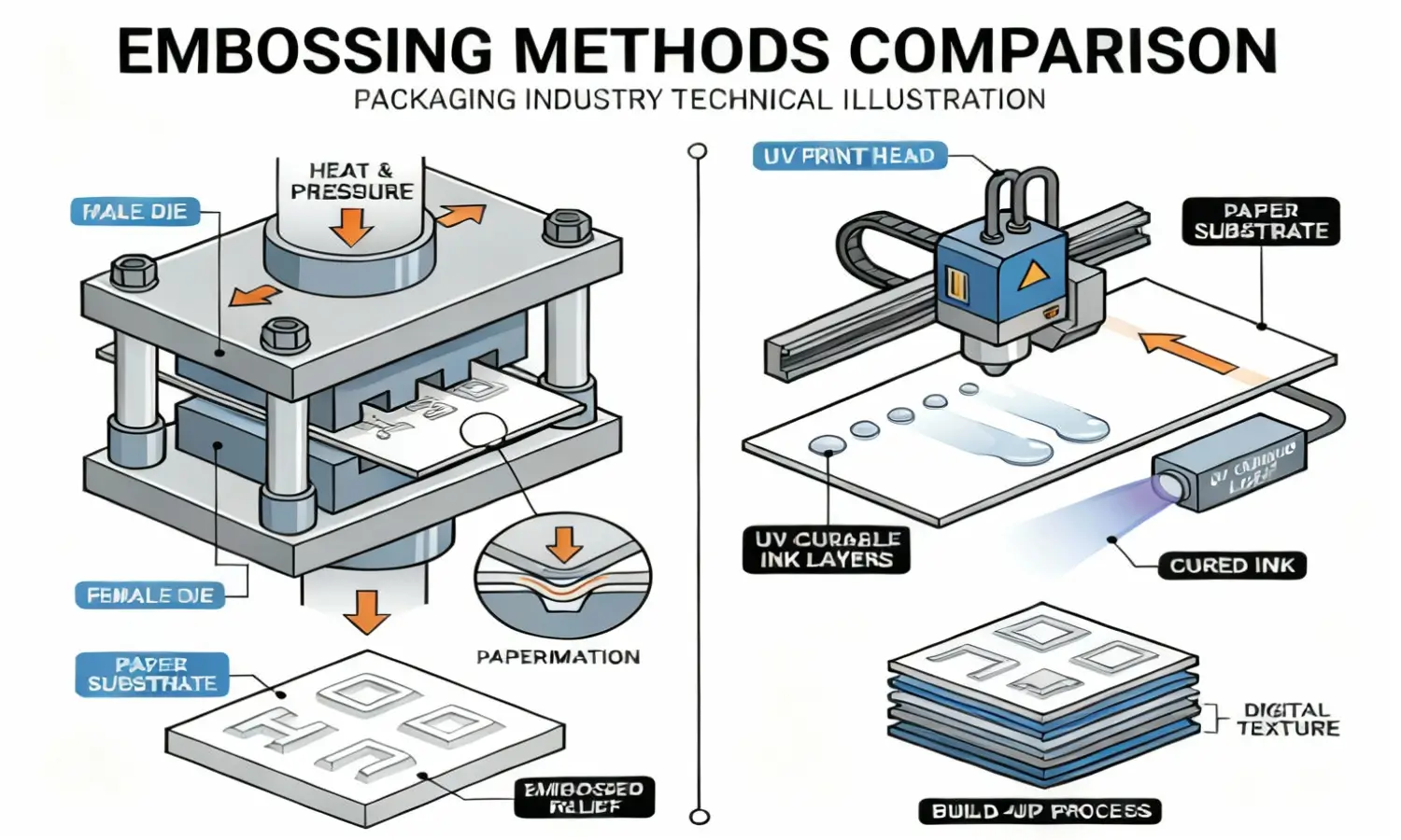 Deux principales méthodes pour créer des effets d'étiquettes gaufrées Diagramme comparatif du gaufrage mécanique vs le gaufrage numérique UV