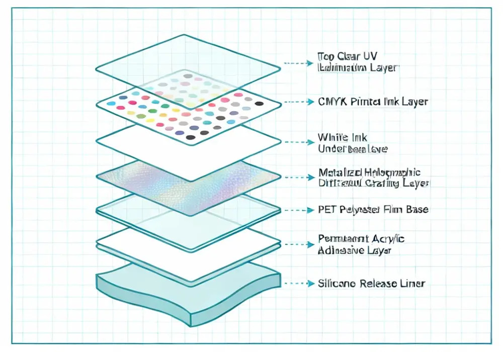 Holographic sticker construction layers and material composition Cross-section diagram showing holographic sticker material layers including PET base, metallic coating, and adhesive