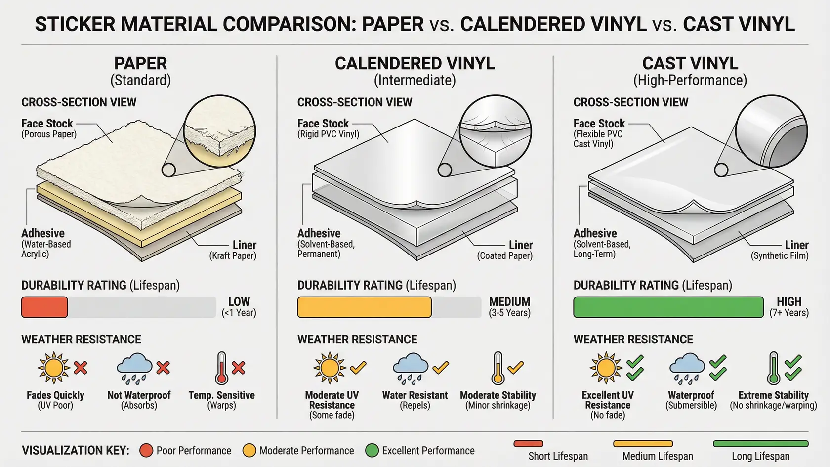 Comparaison des matériaux d'autocollants en vinyle, papier et spéciaux avec évaluations de durabilité