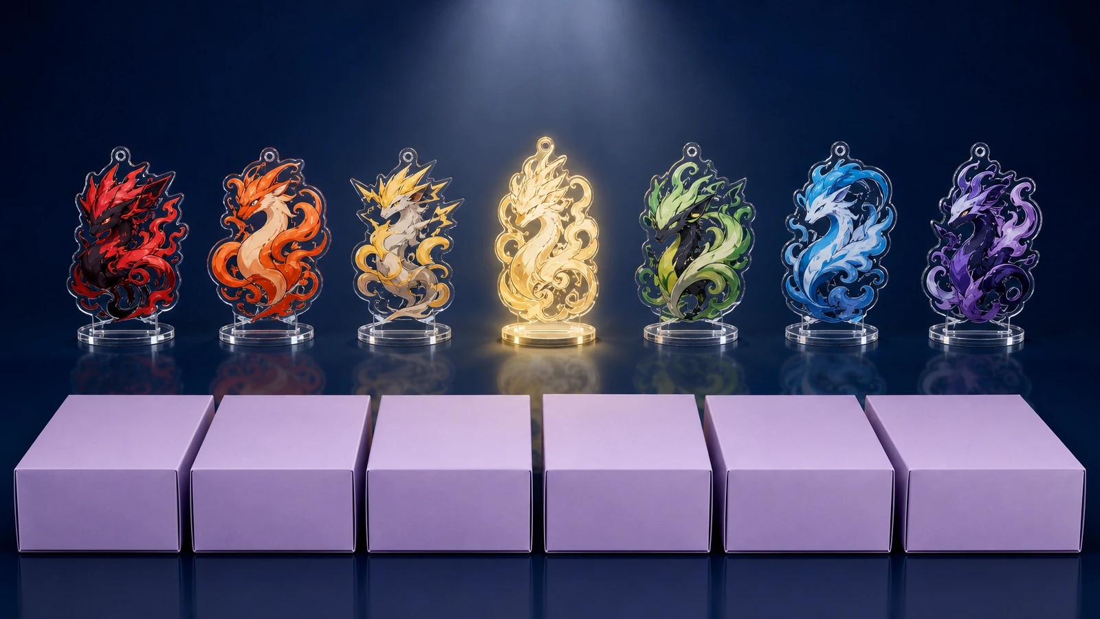 Rangée de boîtes mystères opaques identiques et scellées devant un alignement de silhouettes de breloques en acrylique colorées, avec une breloque rare dorée qui brille au centre
