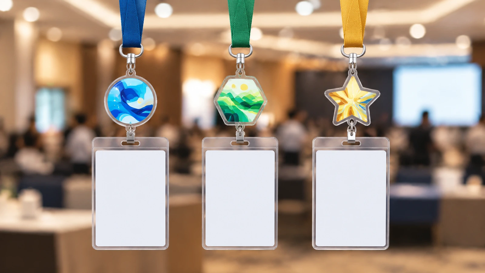 Trois tours de cou d'événement côte à côte, chacun portant une breloque en acrylique de couleur différente pour indiquer les catégories de participants