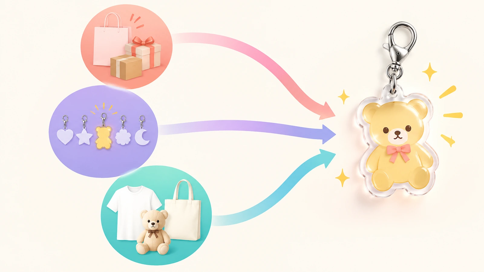 Schéma de décision avec trois cercles colorés pour le canal de distribution, l'objectif de collection et la gamme de produits dérivés, reliés par des flèches qui convergent vers une seule silhouette de breloque