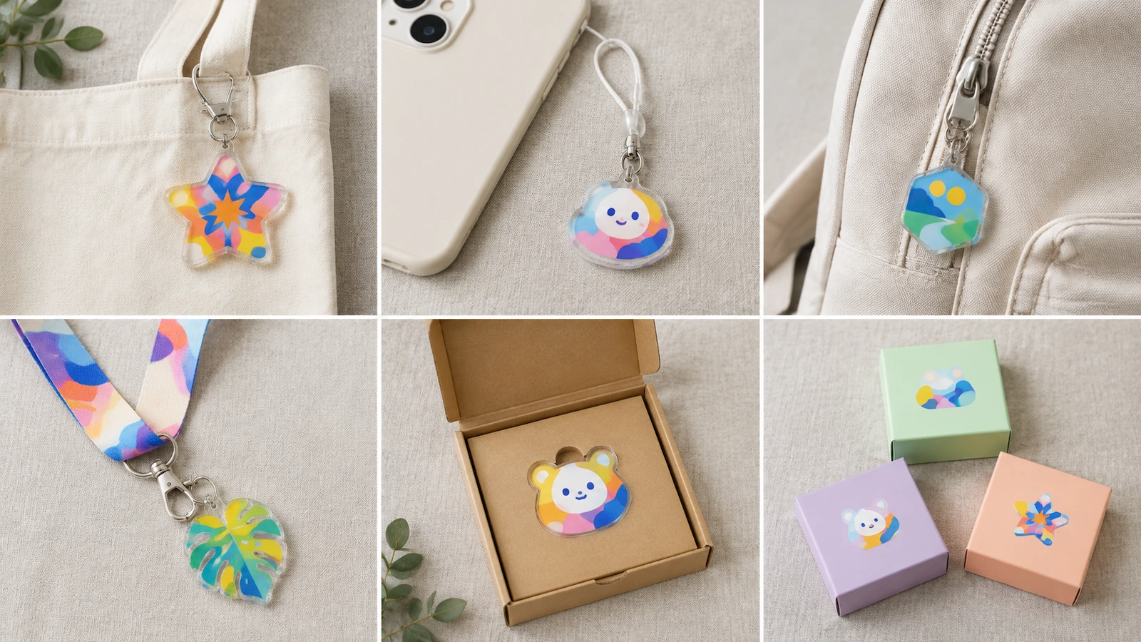 Six formats de breloques en acrylique disposés à plat : une breloque sur la sangle d'un sac cabas, une breloque sur une dragonne de téléphone, une breloque de tirette de fermeture éclair, une breloque de tour de cou, une breloque plate dans une boîte d'expédition ouverte, et des boîtes mystères scellées
