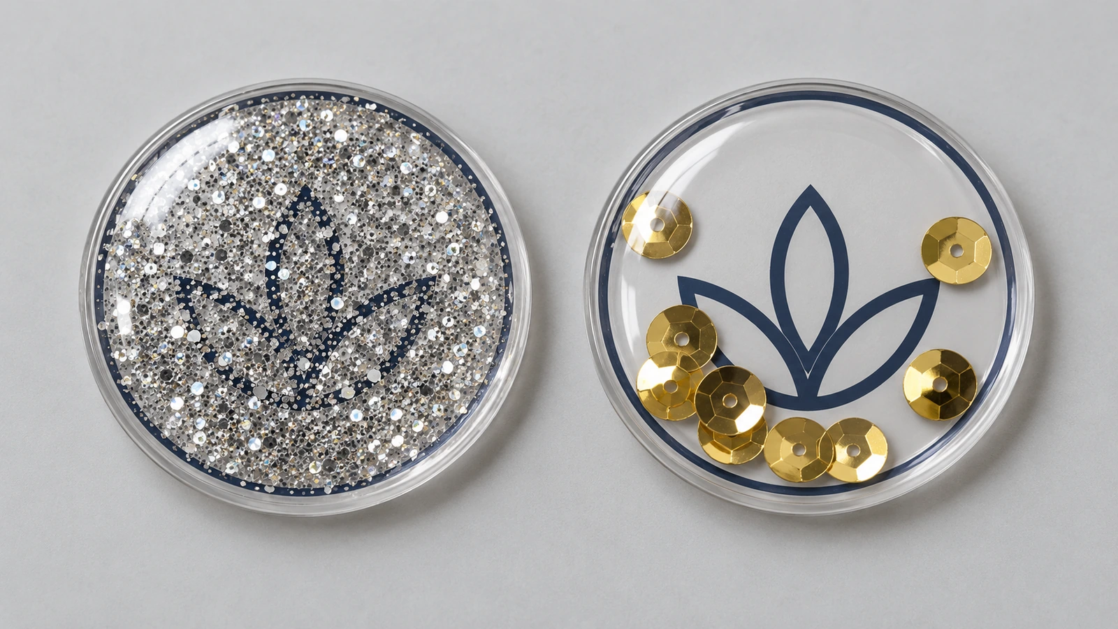 Deux autocollants emblème abstraits identiques côte à côte : l'un enfoui sous des paillettes fines denses, l'autre nettement visible avec quelques grands sequins
