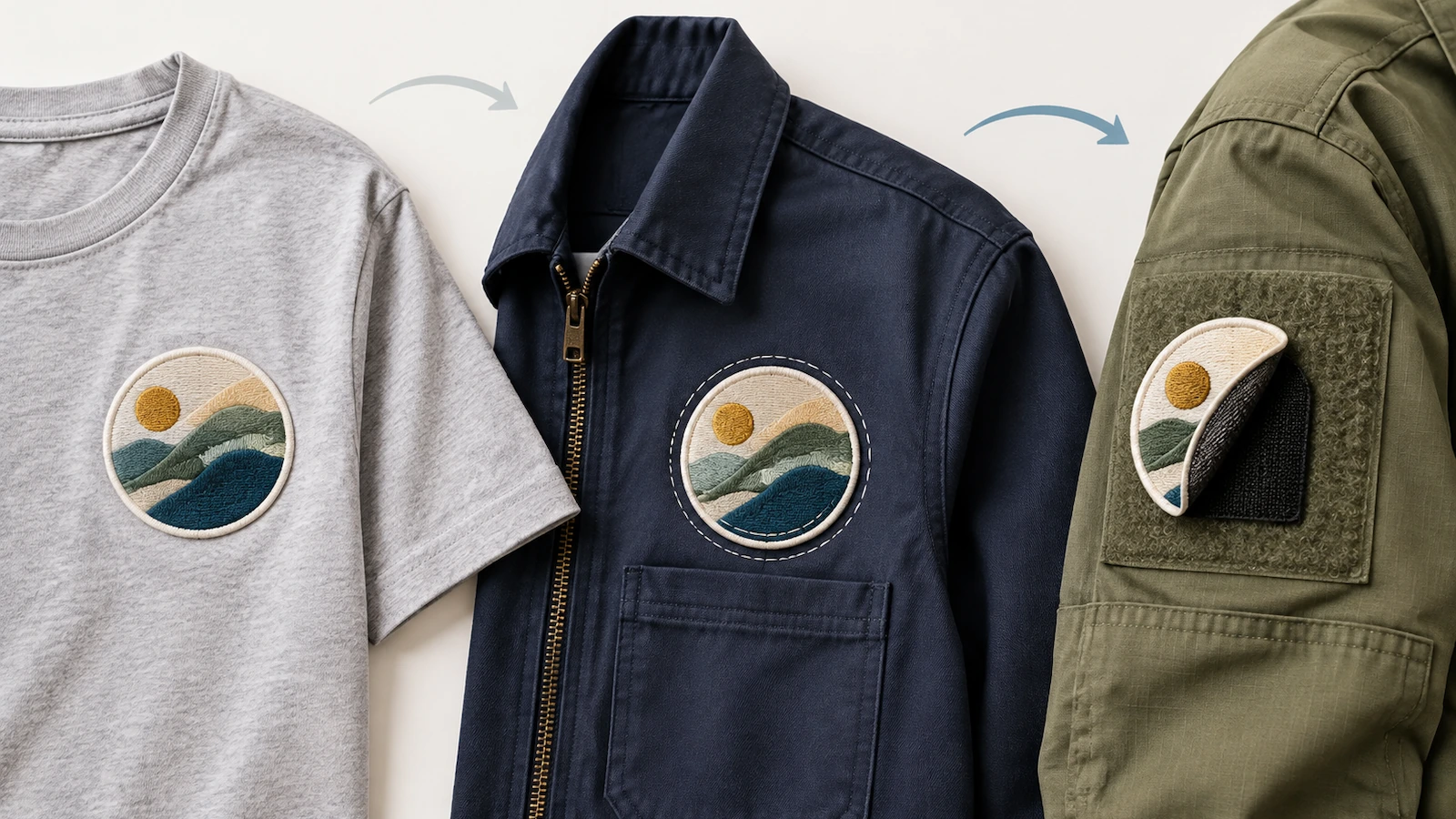 Trois vêtements côte à côte montrant un patch thermocollé, un patch cousu avec surpiqûre périphérique visible et un patch auto-agrippant partiellement décollé