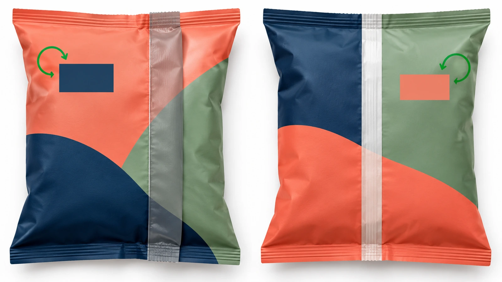 Vue arrière de deux sachets coussins comparant une soudure à ailette rabattue et une soudure à recouvrement plate, ainsi que les zones graphiques masquées par chacune