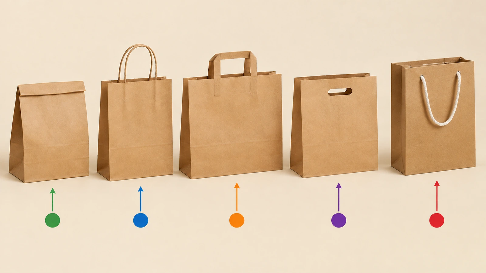 Silhouettes de sacs en papier à fond plat, à poignées torsadées, à poignées plates et à poignées cordon, comparées côte à côte
