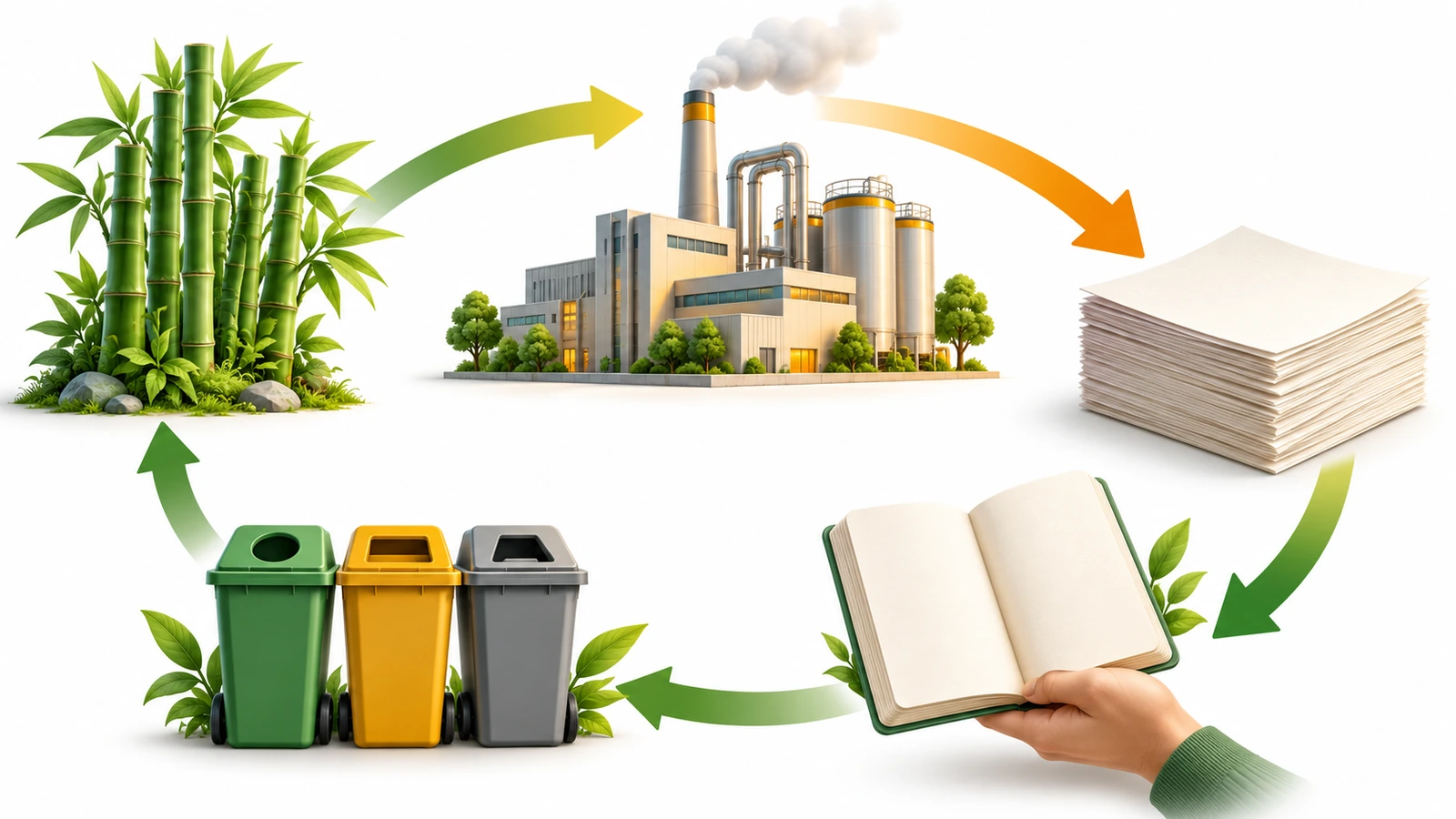 Cycle de vie d'un carnet en bambou, depuis une plantation gérée de bambou jusqu'à la transformation, le papier, l'utilisation et la fin de vie, montrant où l'impact environnemental augmente et diminue