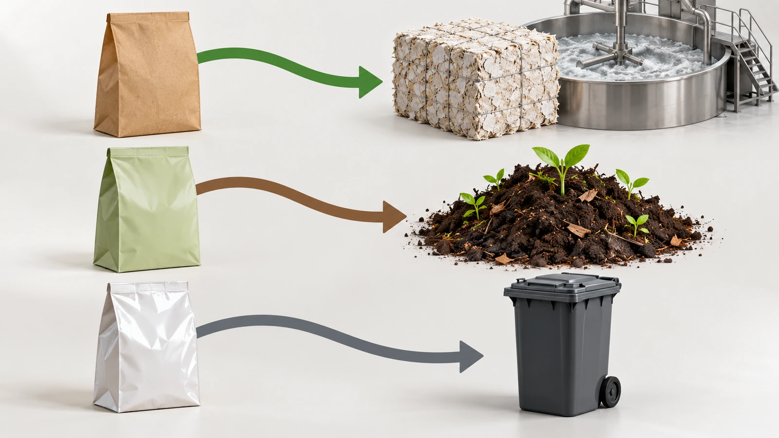 Illustration de trois sacs alimentaires en papier suivant des flèches distinctes vers une filière de recyclage du papier, un site de compostage industriel et une poubelle de déchets résiduels, montrant comment le choix de la barrière détermine les filières de fin de vie