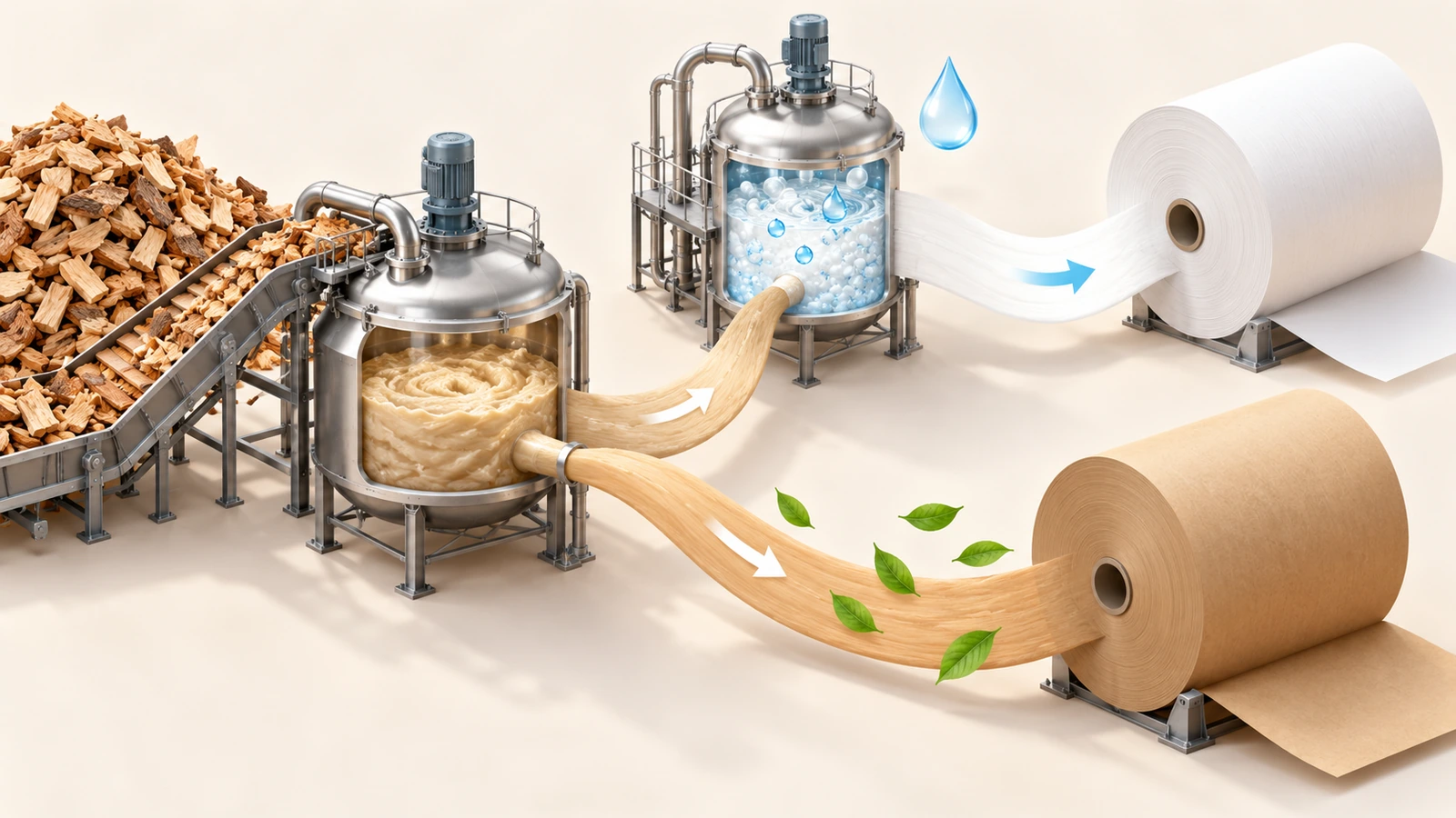 Illustration d'un flux unique de pâte kraft qui se divise en deux voies : l'une mène directement aux rouleaux de kraft brun, l'autre passe par une étape de blanchiment supplémentaire pour aboutir aux rouleaux de kraft blanc