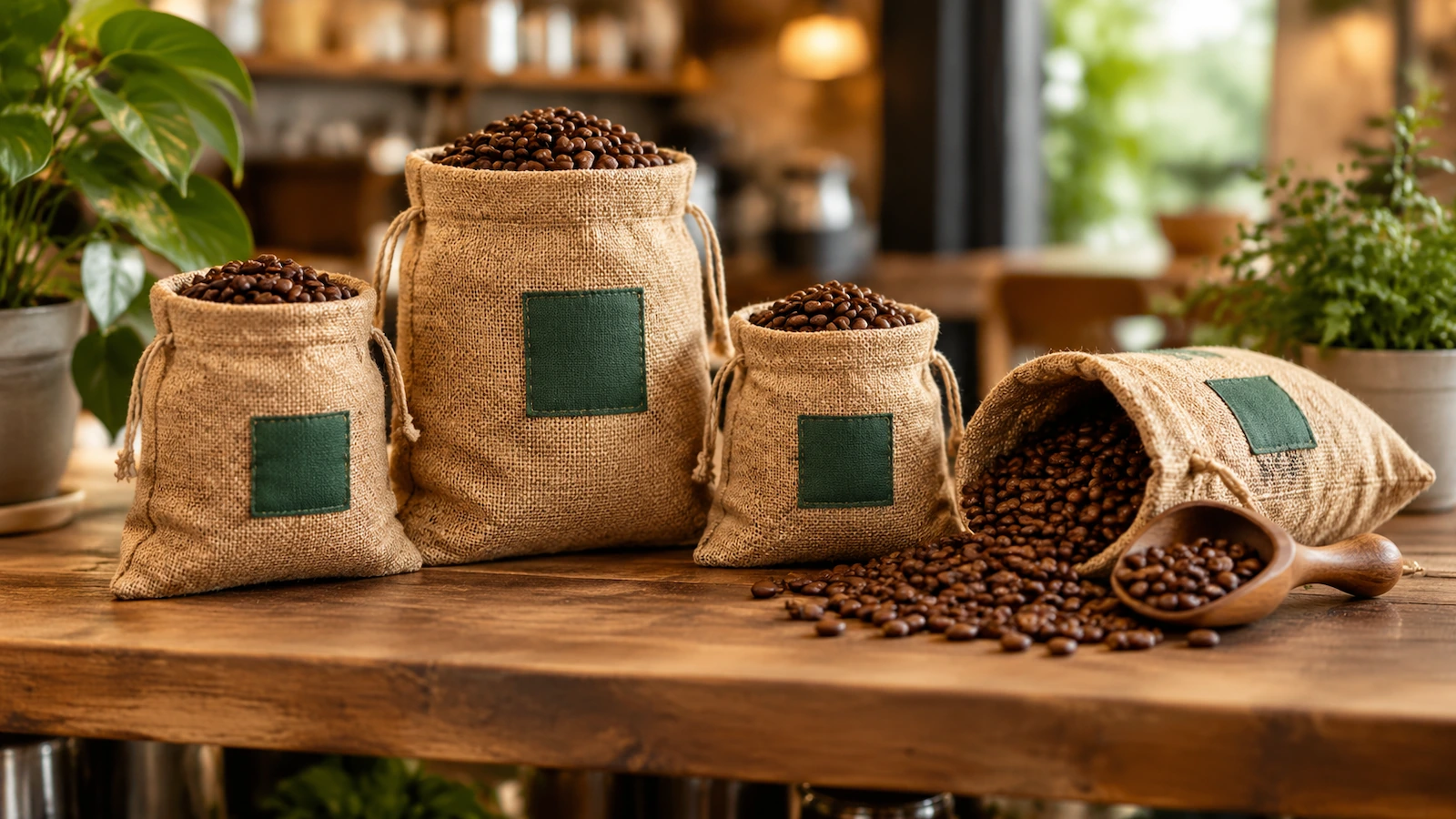 Petits sacs de jute naturel à cordon coulissant, remplis de café torréfié en grains, disposés sur une étagère de vente en bois rustique
