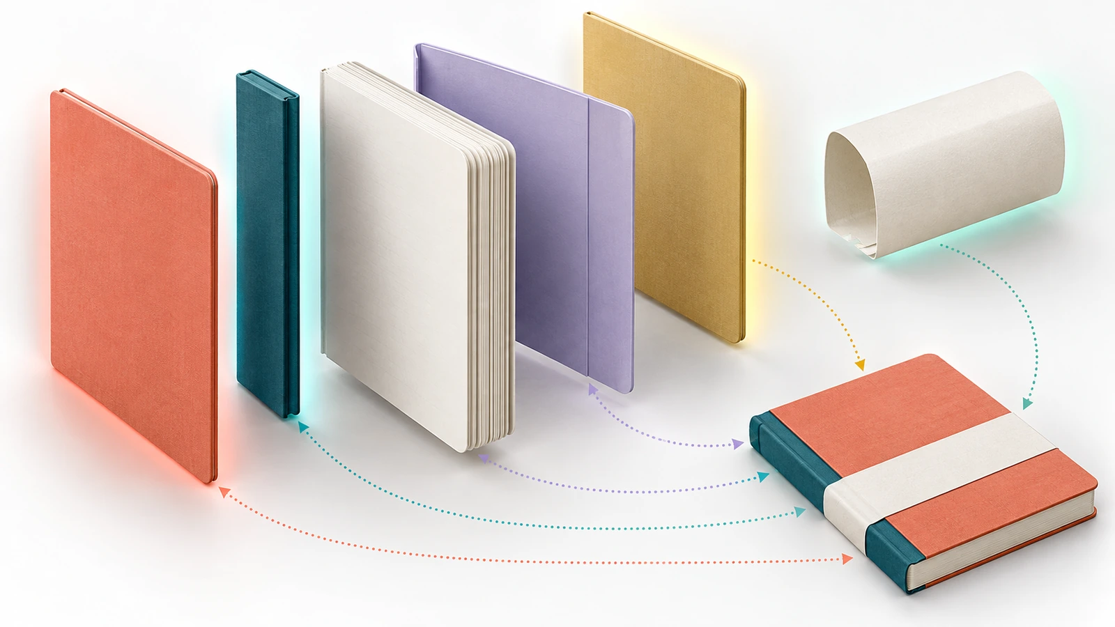 Vue éclatée d'un carnet à couverture rigide avec la couverture avant, le dos, la quatrième de couverture, l'intérieur de couverture et un bandeau amovible, chacun mis en évidence d'une couleur différente