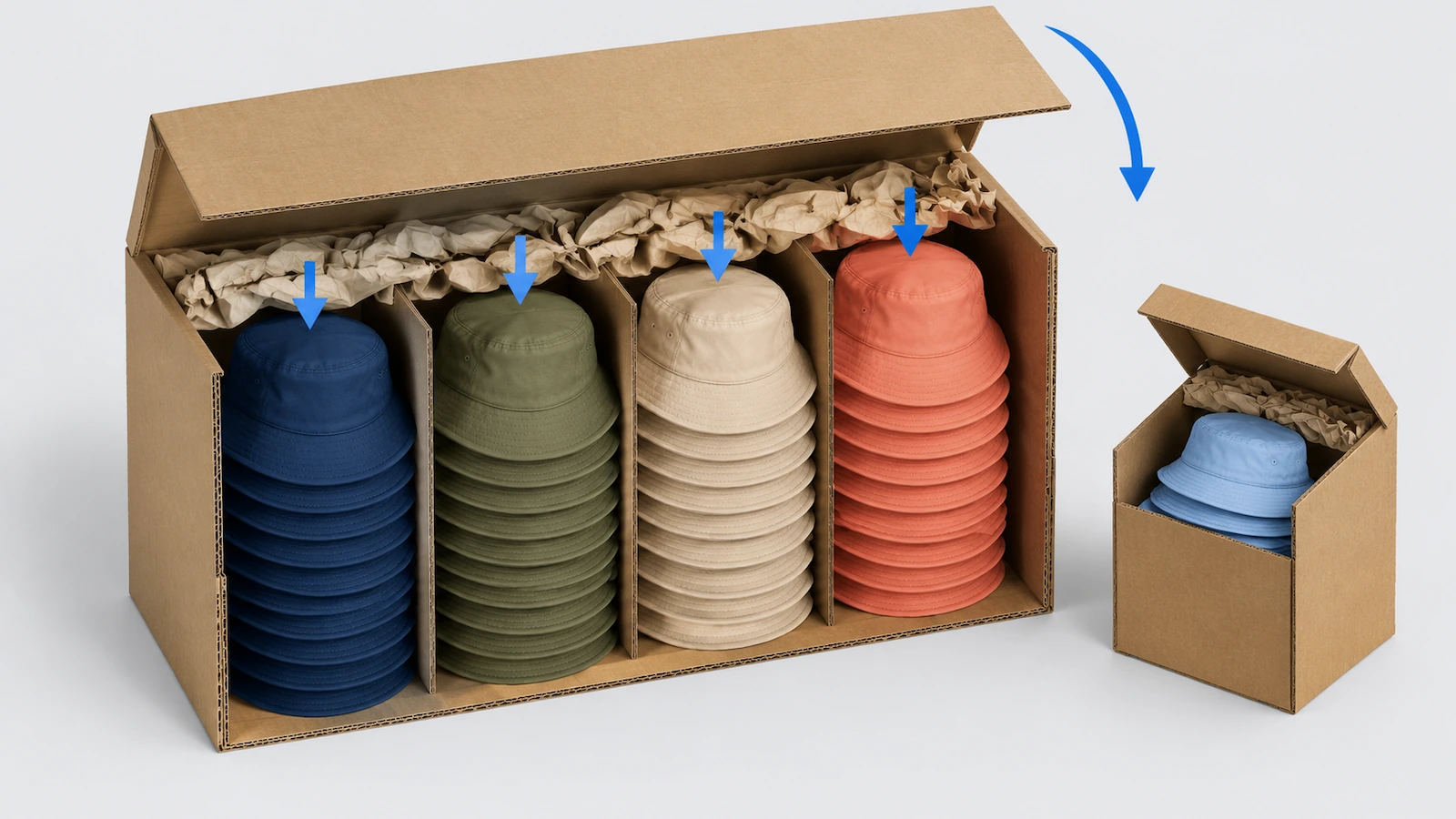 Illustration en coupe d'un carton d'expédition contenant des piles verticales de bobs emboîtés, séparées par couleur, avec des flèches indiquant le sens d'empilage et le calage du vide