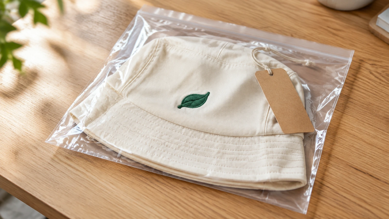Bob plié sur le côté dans un sachet plastique transparent, avec une étiquette volante kraft vierge fixée au bandeau intérieur par une boucle de ficelle