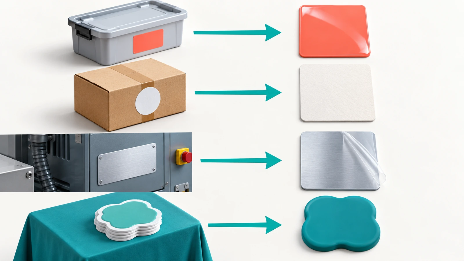 Quatre applications d'autocollants professionnels représentées par des icônes : un produit de marque, un carton d'expédition scellé, une machine industrielle étiquetée et une table de cadeaux, chacune reliée par des flèches à un échantillon de matériau d'autocollant différent