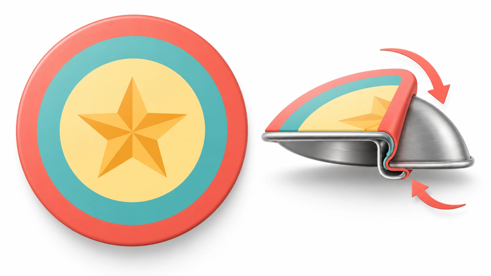 Schéma en cercles concentriques d'un visuel de miroir badge avec une bande de rabat extérieure, une face visible au milieu et une zone de sécurité intérieure, en trois couleurs contrastées avec des flèches pointant vers l'intérieur
