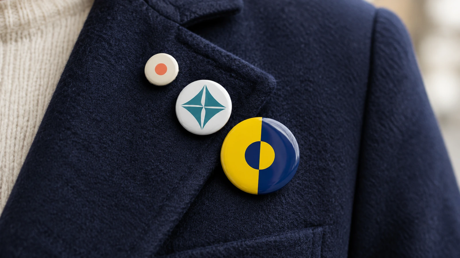 Trois badges à épingle ronds, de petit diamètre, de diamètre standard et de grand diamètre, alignés sur le revers d'une veste bleu marine, chacun avec un visuel abstrait simple en aplats de couleur