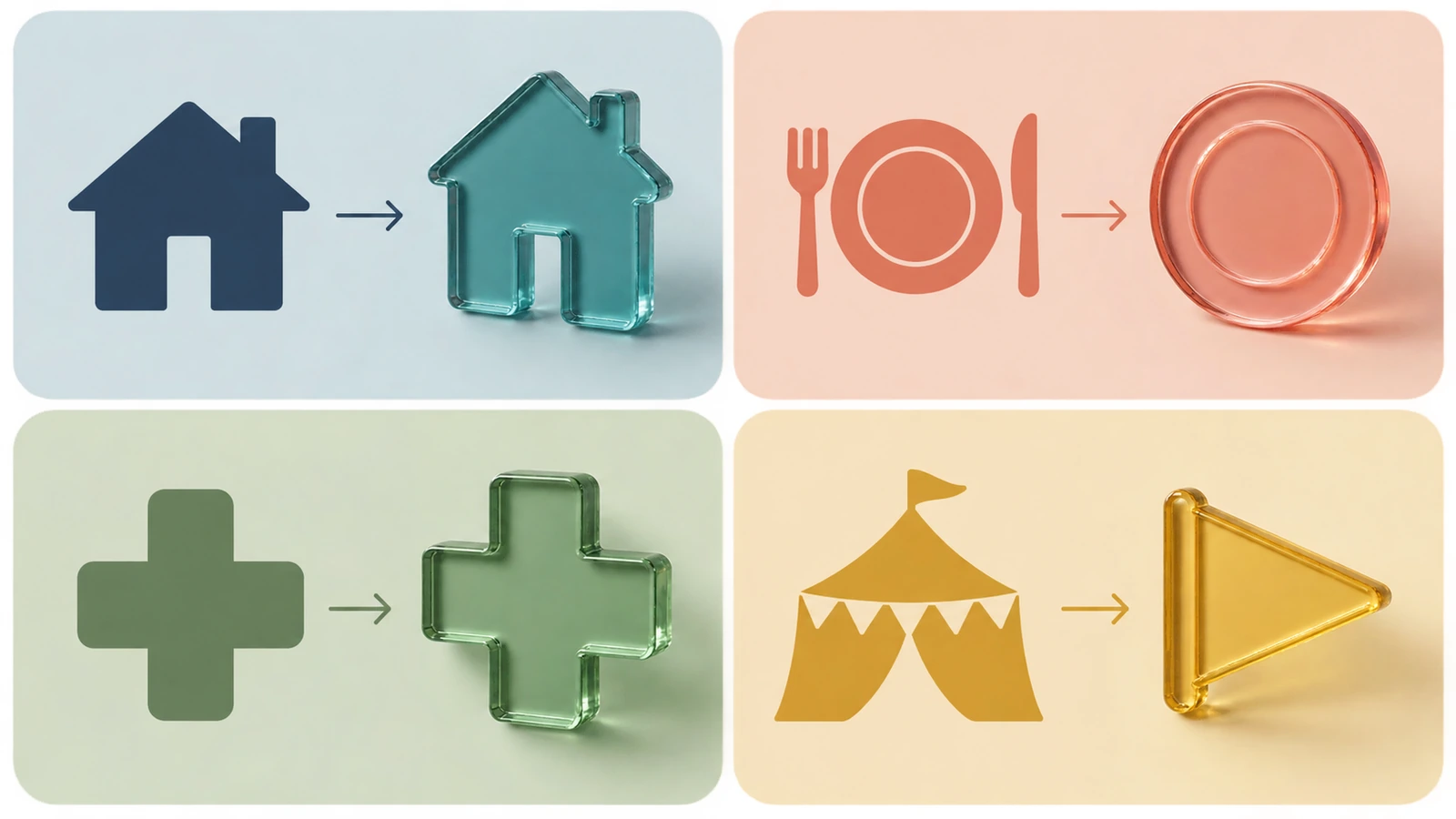 Illustration en 4 volets associant une maison, une assiette et des couverts, une croix médicale et une tente d'événement à des formes de magnets de couleur assorties pour illustrer différents objectifs de campagne