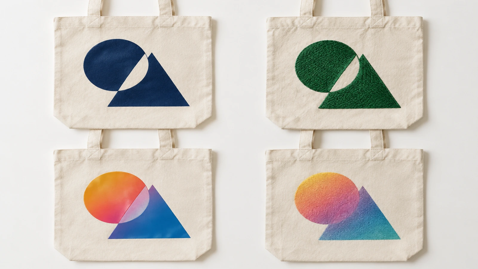 Quatre sacs cabas en toile naturelle comparant un aplat sérigraphié, une broderie en relief, un transfert thermique brillant et une impression directe en quadrichromie au toucher doux