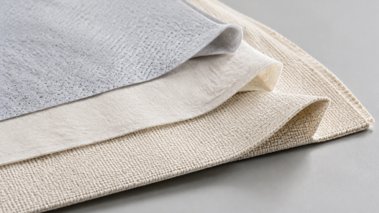 Trois échantillons de tissu empilés pour comparer l'épaisseur : non-tissé lié fin, coton de grammage moyen et toile épaisse
