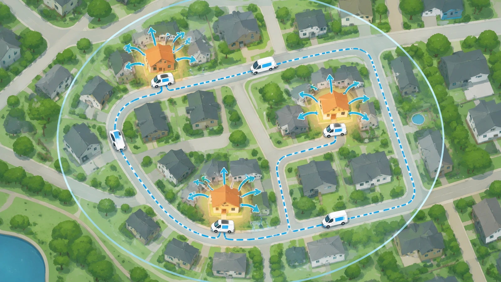 Illustration en vue de dessus d'une petite camionnette suivant un itinéraire en boucle dans un quartier, avec les maisons devant lesquelles elle s'est garée mises en évidence et des flèches montrant la visibilité qui gagne les maisons voisines