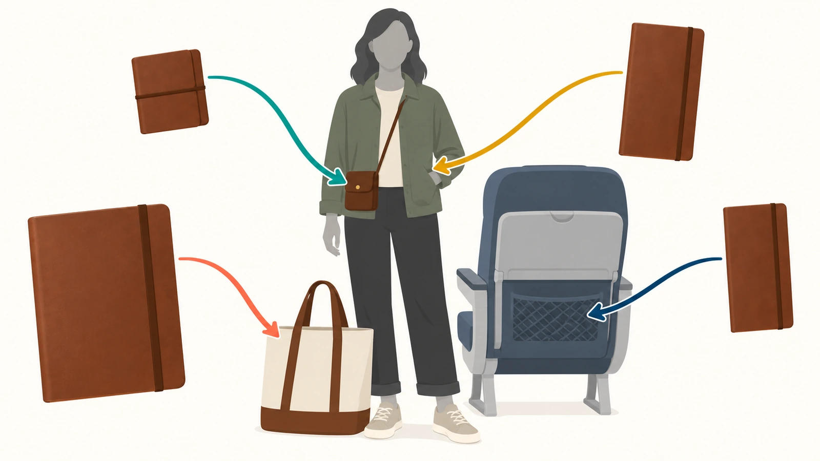 Illustration d'une silhouette de voyageur avec des flèches colorées reliant différentes tailles de carnet à une poche de veste, un sac bandoulière, une poche de dossier de siège et un cabas