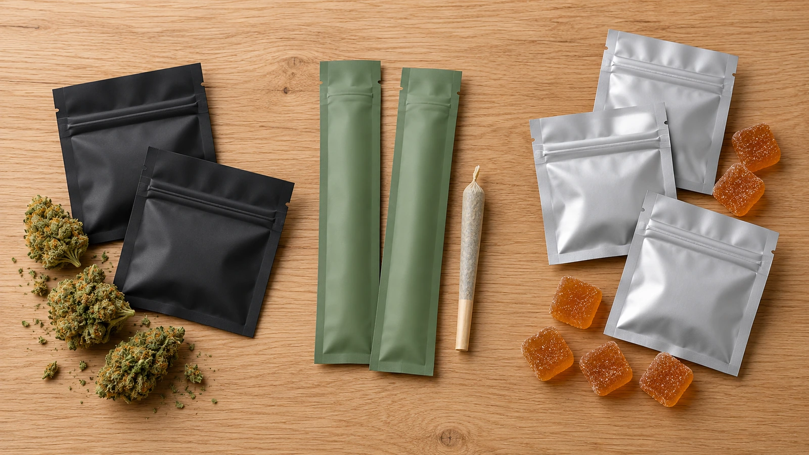 Trois groupes de sachets Mylar plats mats classés par gamme de produits : échantillons de fleur, pré-roulés uniques et gommes dosées individuellement