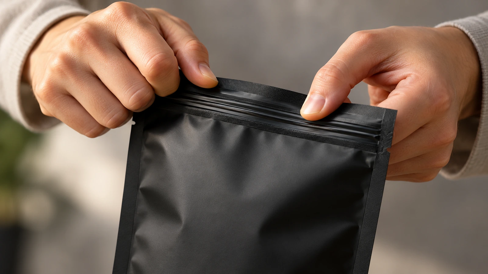 Gros plan de mains d'adulte appuyant et pinçant un zip à l'épreuve des enfants sur un sachet plat noir mat