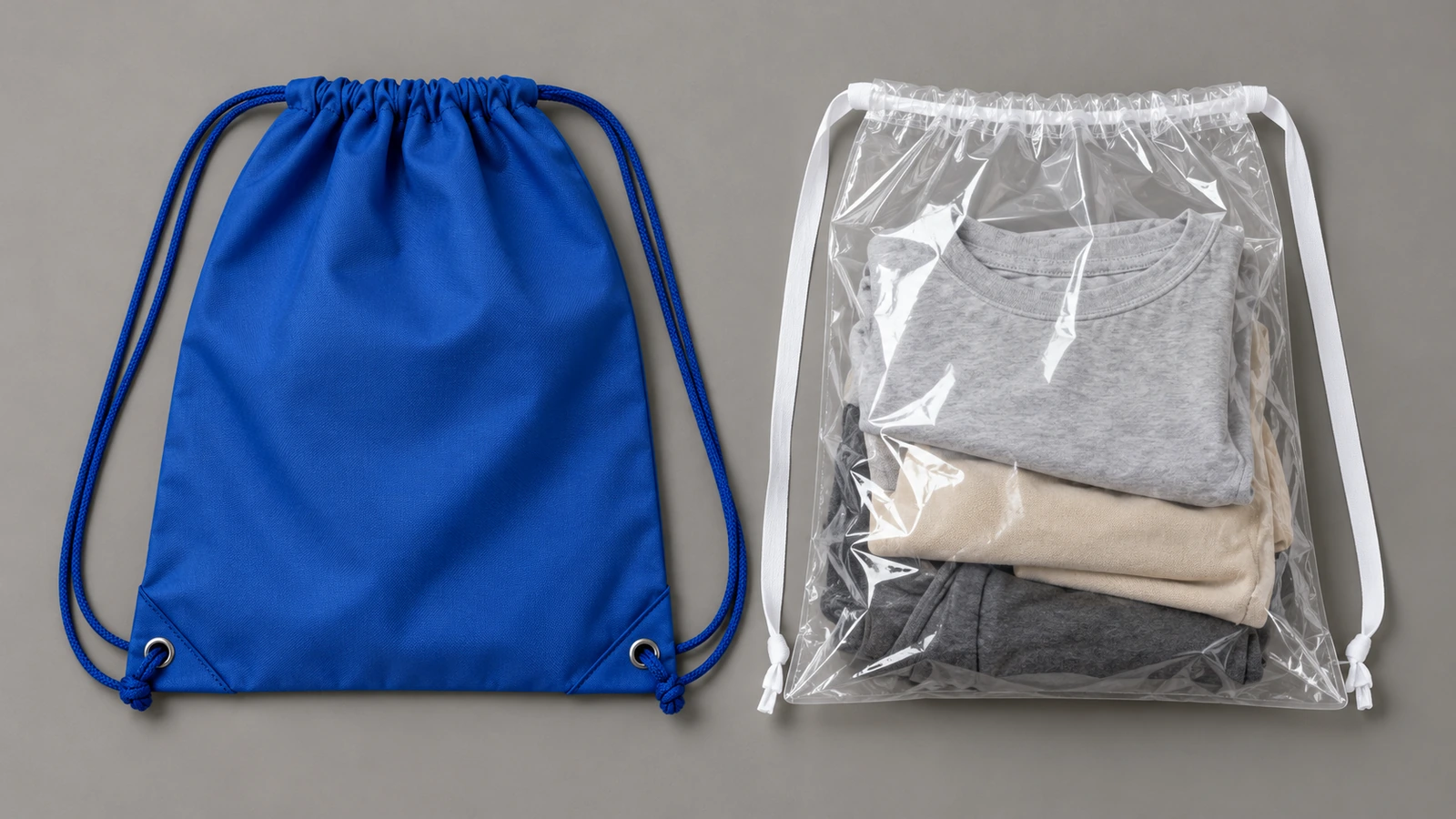 Un sac à dos à cordons en polyester bleu avec cordons d'épaule, posé à plat sur une surface neutre à côté d'un sac à cordon transparent en film PE avec ruban coulissant