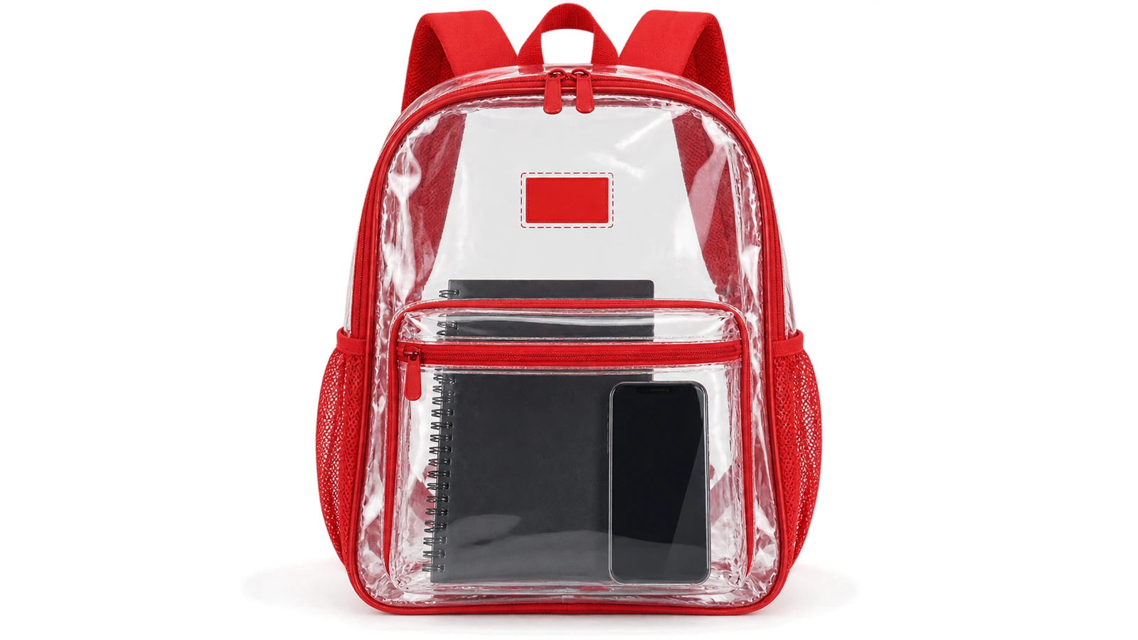 Vue de face d'un sac à dos transparent en PVC avec un petit rectangle de couleur unie marquant une seule zone de logo sur 1 côté, et des sangles et un ruban de finition colorés portant la couleur de la marque, tandis que le corps reste transparent