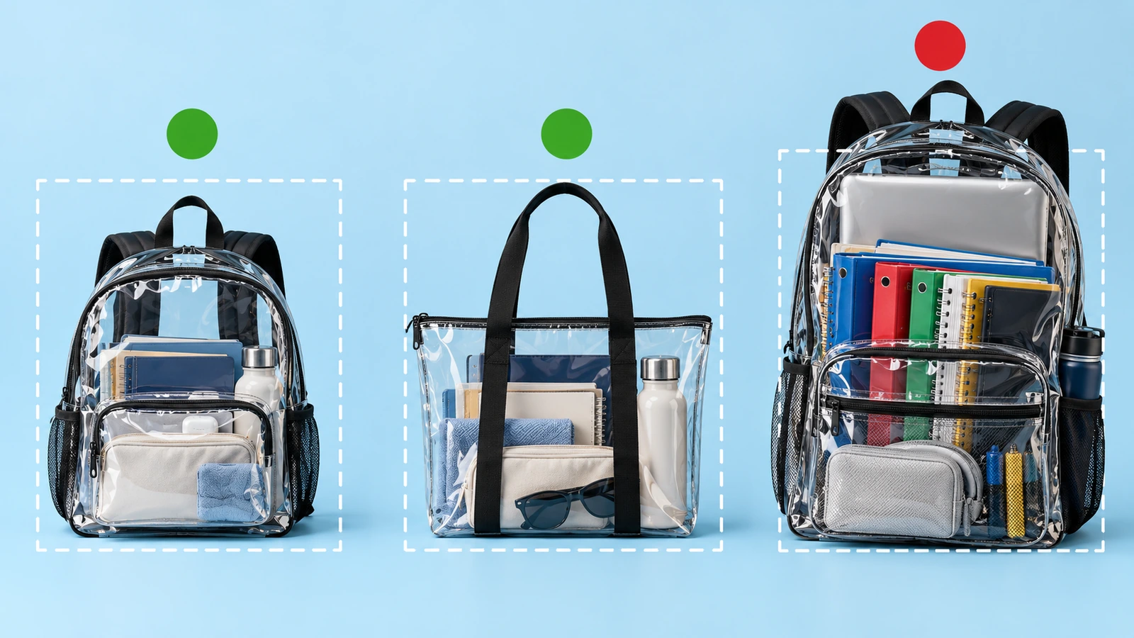 Trois formats de sacs transparents côte à côte : un sac à dos transparent compact, un fourre-tout transparent et un grand sac à dos scolaire transparent, avec des indicateurs circulaires verts et rouges montrant lesquels entrent dans le contour en pointillés de la taille de stade