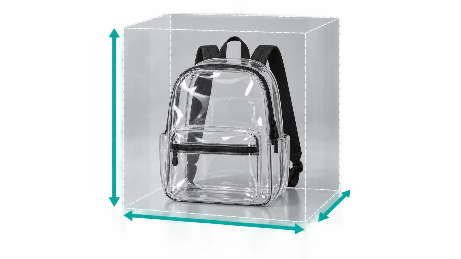 Sac à dos transparent en PVC placé à l'intérieur d'un parallélépipède transparent en pointillés représentant la limite de taille des stades de 12 par 6 par 12 pouces, avec des flèches le long de la hauteur, de la largeur et de la profondeur