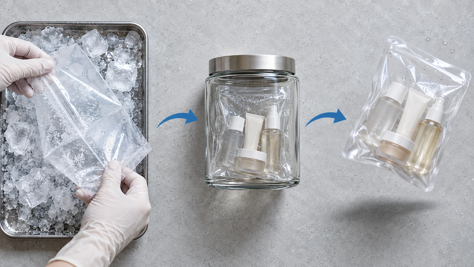 Vue à plat d'échantillons de pochettes transparentes soumis à un test de pliage à froid sur une surface couverte de givre, à un contrôle d'odeur en bocal scellé et à un test de chute sur sachet rempli, reliés par des flèches