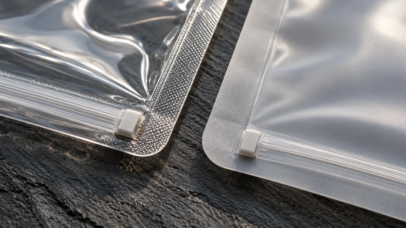 Gros plan macro comparant une soudure transparente lisse soudée par RF et une soudure dépolie thermosoudée sur les bords de deux pochettes