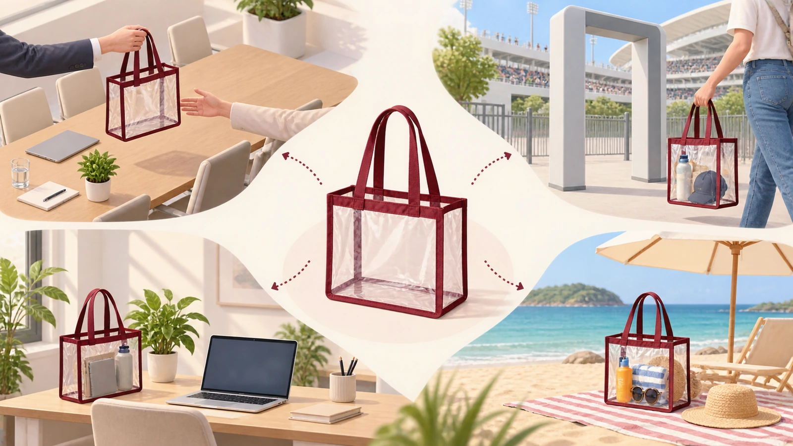 Illustration d'un même sac cabas transparent suivant des flèches depuis une remise lors d'une conférence vers l'entrée d'un stade, un bureau et une plage, pour montrer sa réutilisation après l'événement