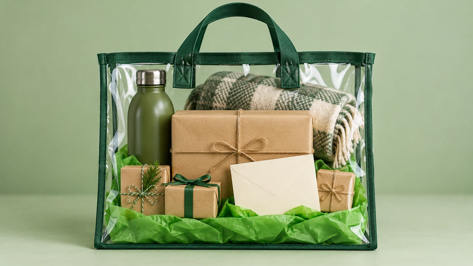 Vue de face d'un sac cabas cadeau transparent montrant les articles hauts à l'arrière, un article vedette au centre à l'avant, du papier de soie coloré au fond et une carte scellée tournée vers l'extérieur