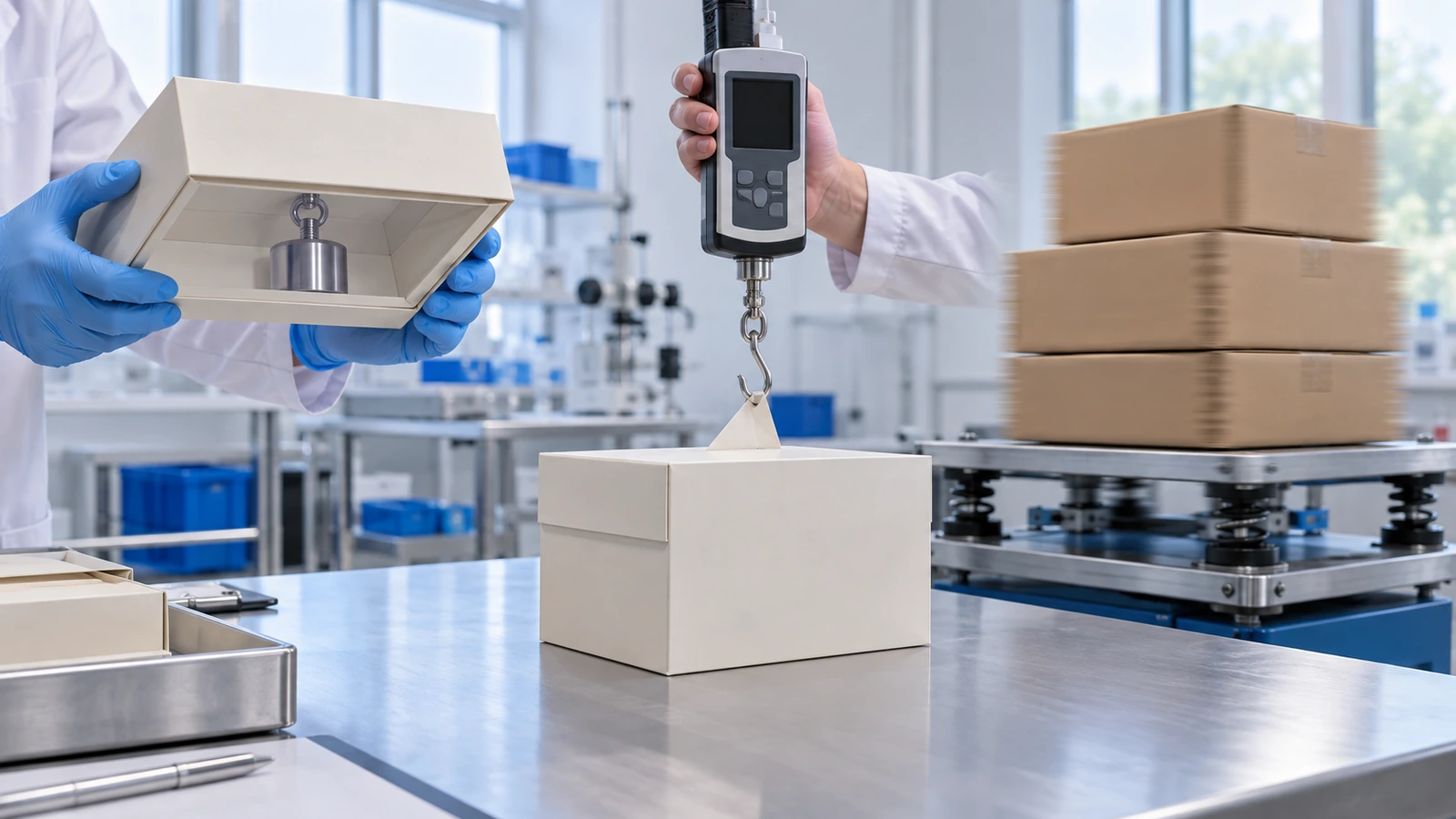 Scène de laboratoire montrant une boîte magnétique chargée tenue à l'envers, son couvercle restant fermé, à côté d'un dynamomètre à main qui tire un couvercle pour l'ouvrir et d'une pile de boîtes sur une table vibrante