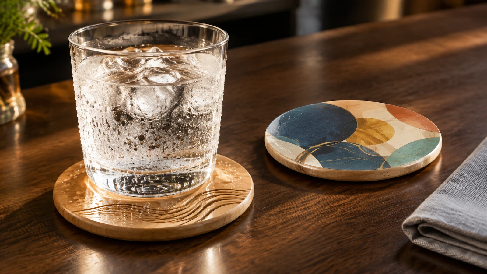 Verre glacé qui transpire posé sur un dessous de verre rond en bois scellé, avec des gouttes de condensation en surface, illustrant les contraintes d'humidité et d'abrasion sur les finitions imprimées et gravées