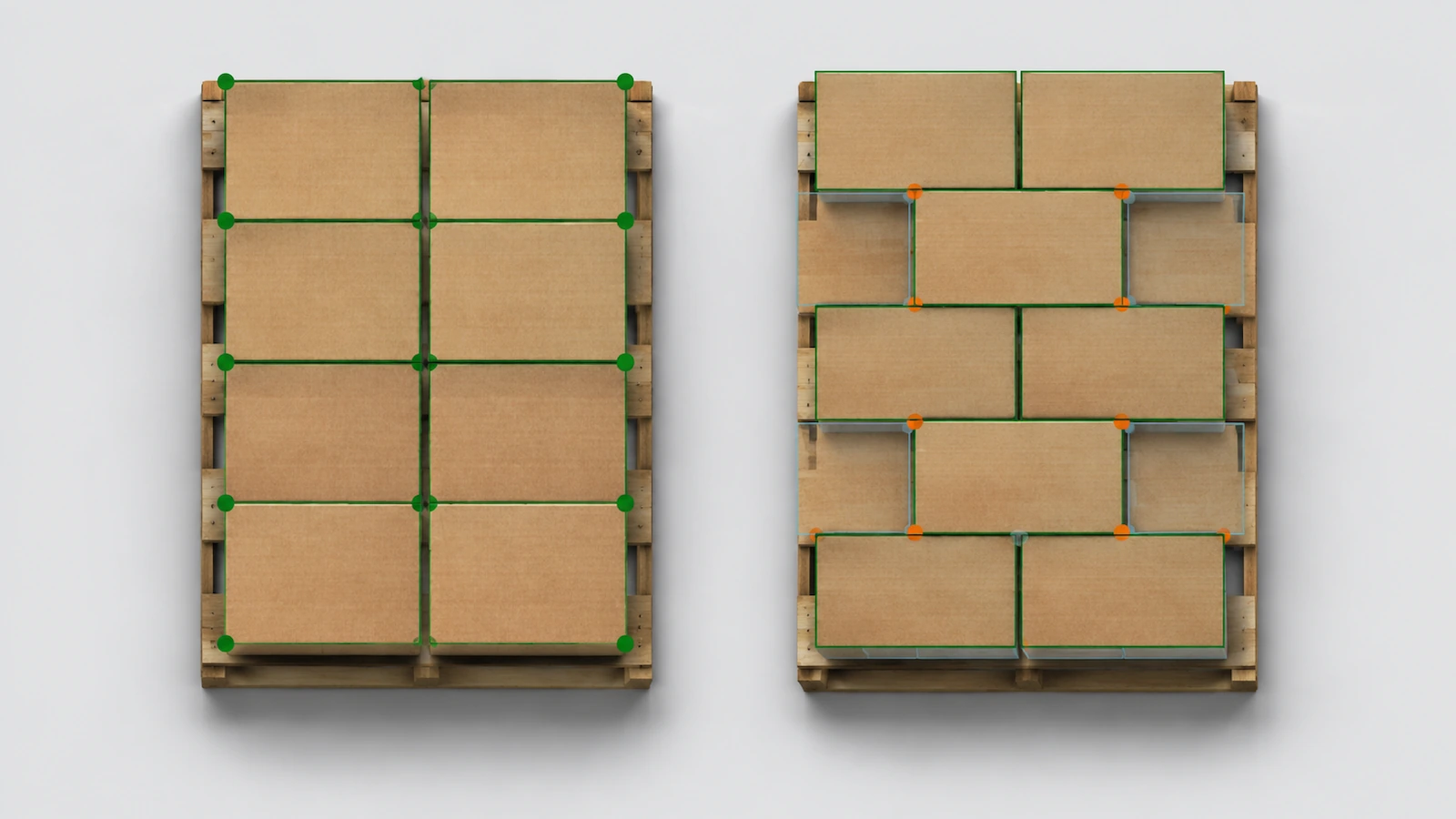 Vue de dessus comparant une palette gerbée en colonne, aux coins des caisses alignés, et une palette à gerbage croisé, aux caisses décalées, avec des aplats de couleur indiquant où les coins supportent la charge