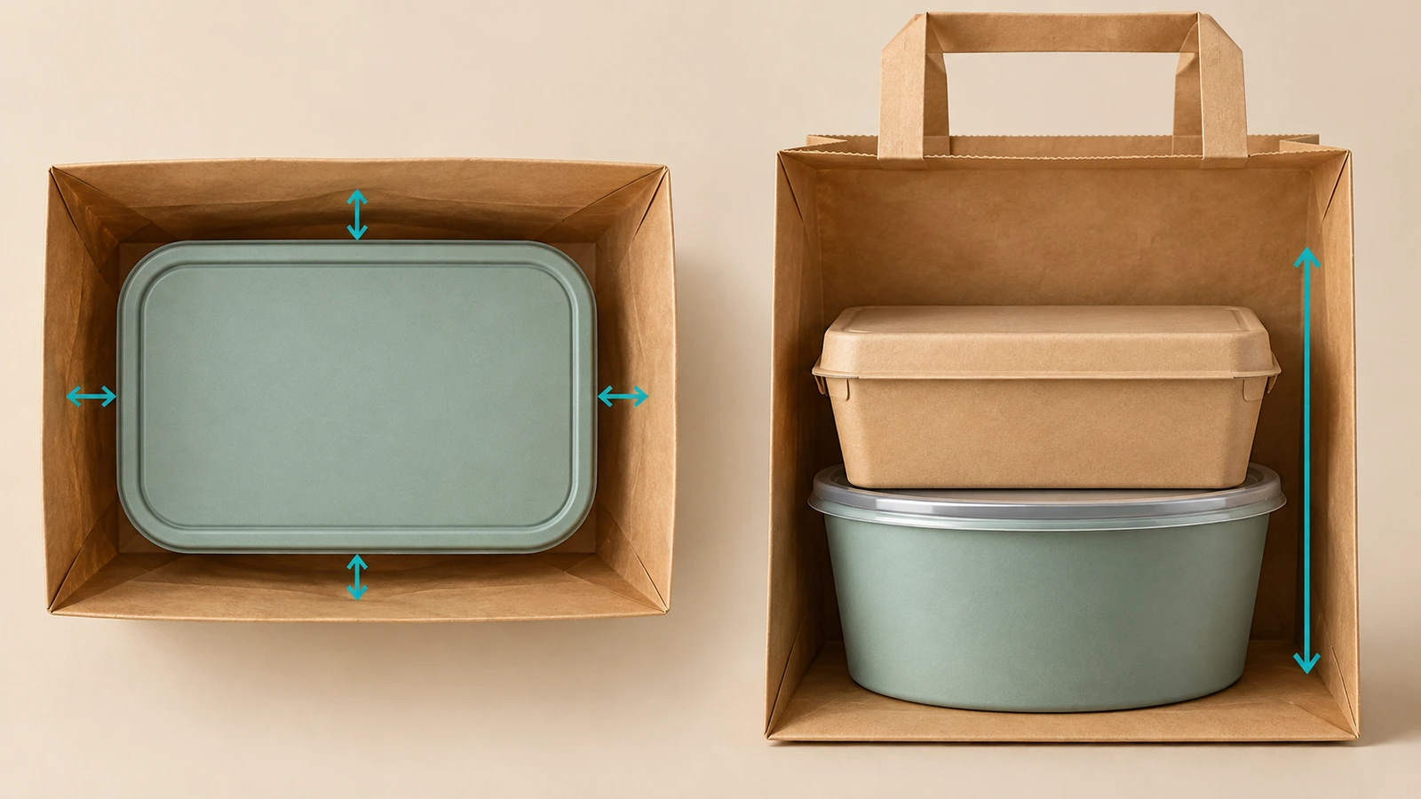 Vues de dessus et de côté de contenants à emporter empilés dans un sac kraft à fond plat, avec des flèches montrant l'empreinte du contenant alignée sur le fond du sac et la hauteur d'empilement située sous l'ouverture du sac