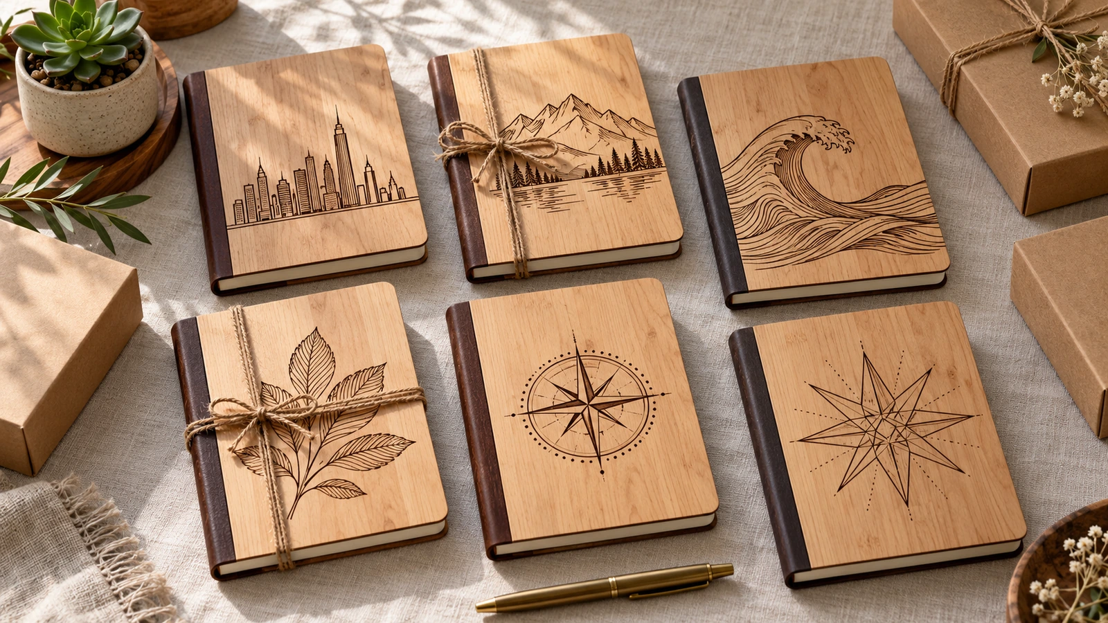 Vue à plat de plusieurs carnets en bois aux motifs gravés différents, noués d'un ruban naturel sur un bureau, pour un programme de cadeaux d'entreprise