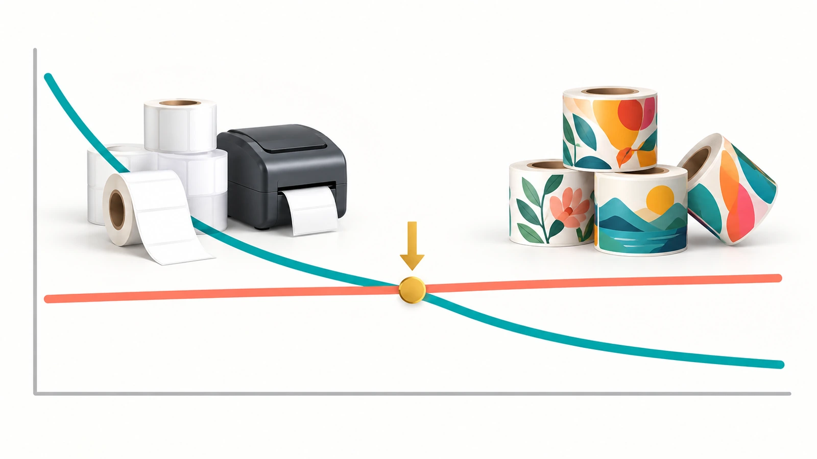 Graphique abstrait montrant deux courbes qui se croisent : l'une chute fortement à mesure que le volume par visuel augmente, l'autre reste plate, une flèche marquant le point de croisement