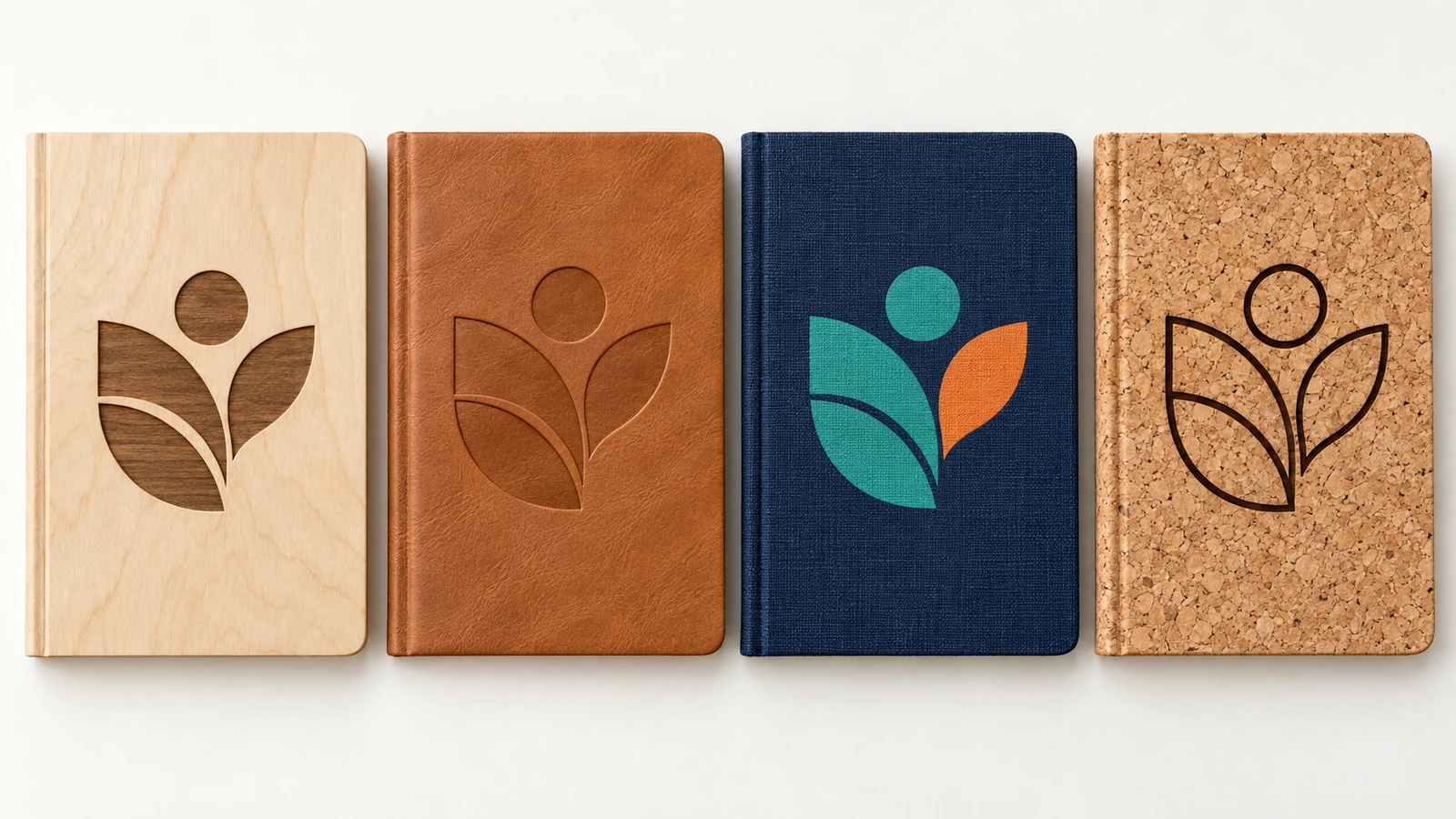 Quatre carnets côte à côte, avec des couvertures en contreplaqué gravé, façon cuir à gaufrage en creux, en tissu imprimé en couleurs et en liège, portant chacune le même emblème simple