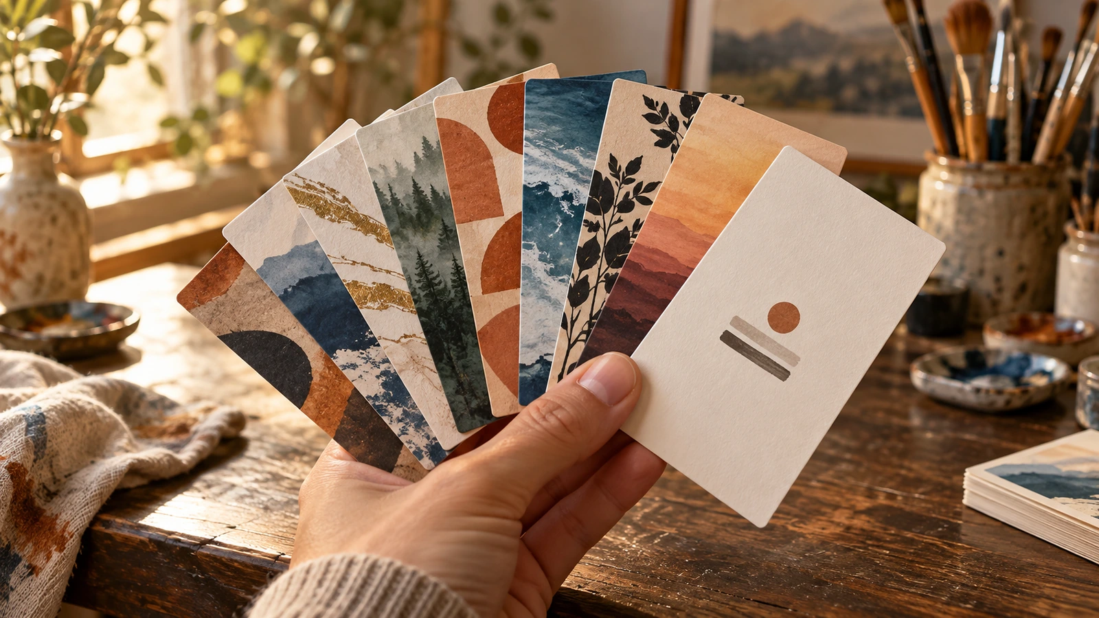 Éventail de cartes de visite créatives avec un recto minimaliste commun et un visuel à fond perdu différent au verso de chacune